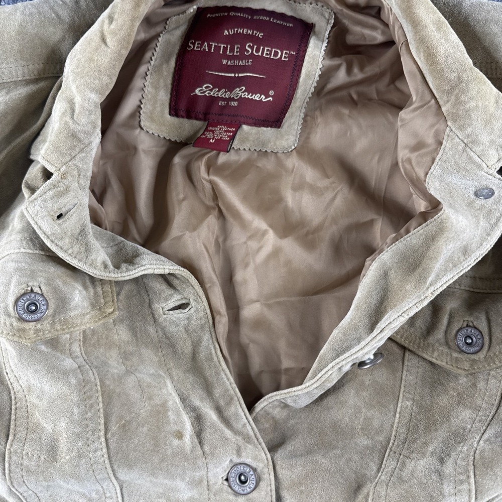 Eddie Bauer Seattle Suede Brown Genuine Leather Jacket Washable Women Medium Tan - Picture 11 of 11